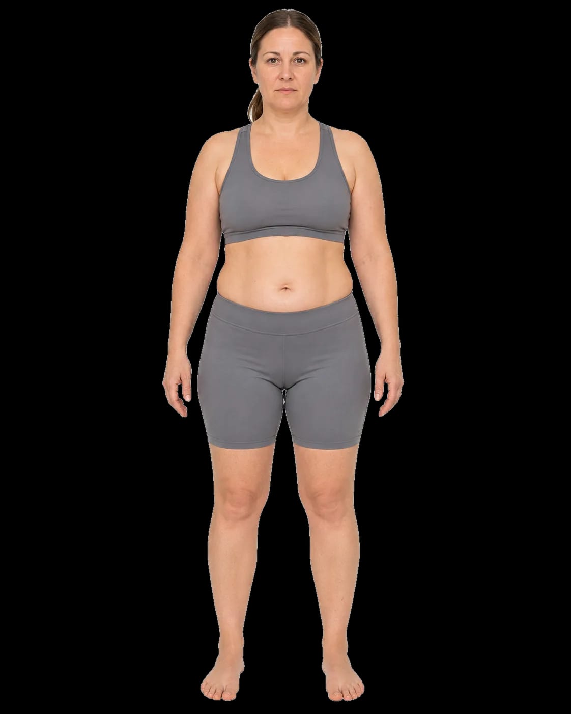Simulated full-body profile of Erika in gray fitness wear