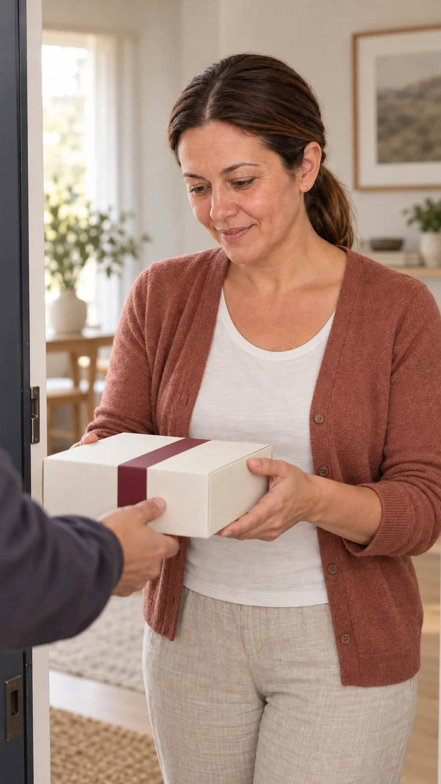 Illustrative scene of Erika receiving her discreet medication delivery at her apartment doorway
