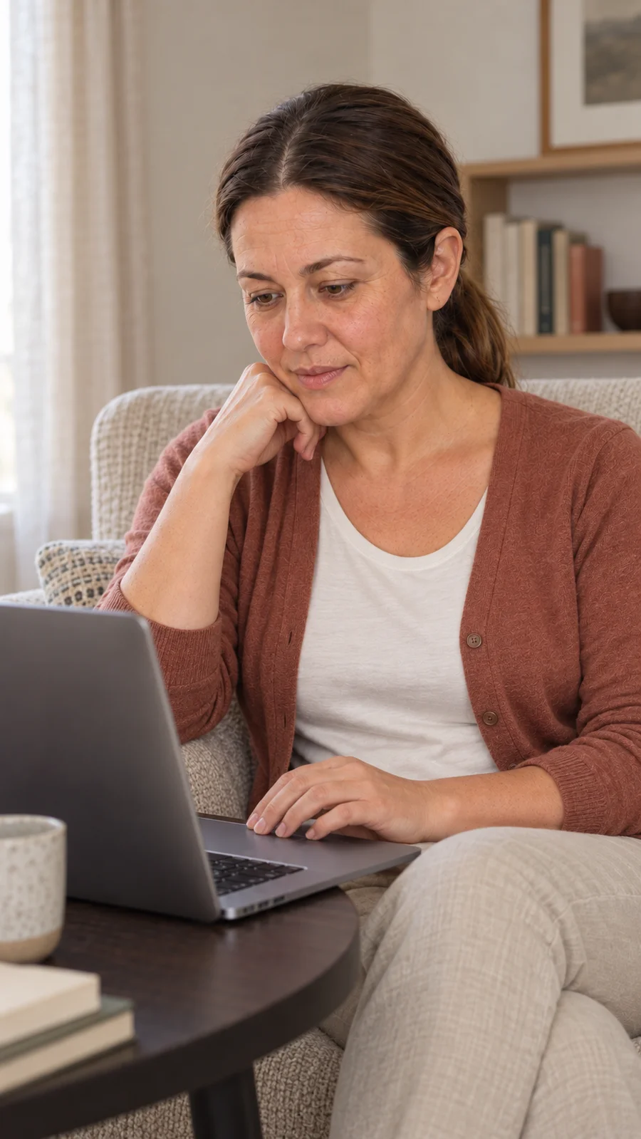 Erika in a terracotta cardigan reviewing her laboratory results on a laptop