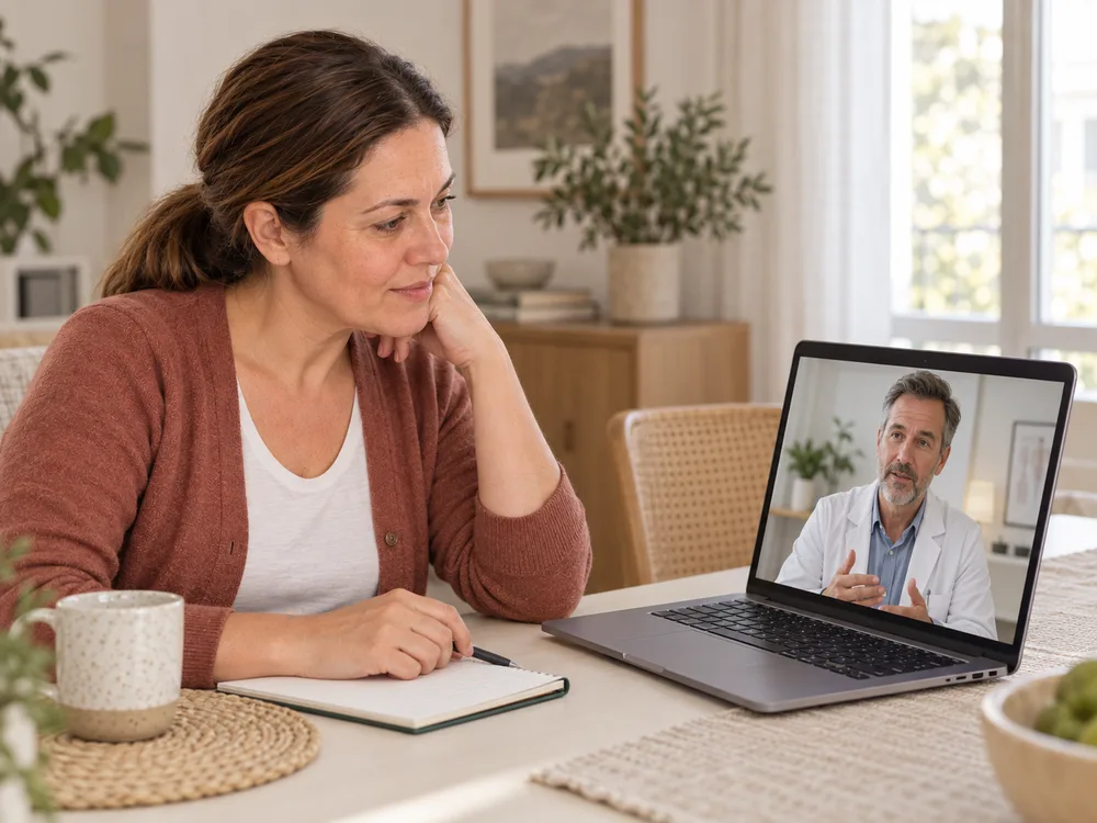 Simulated scene of Erika talking with her physician in a video consultation