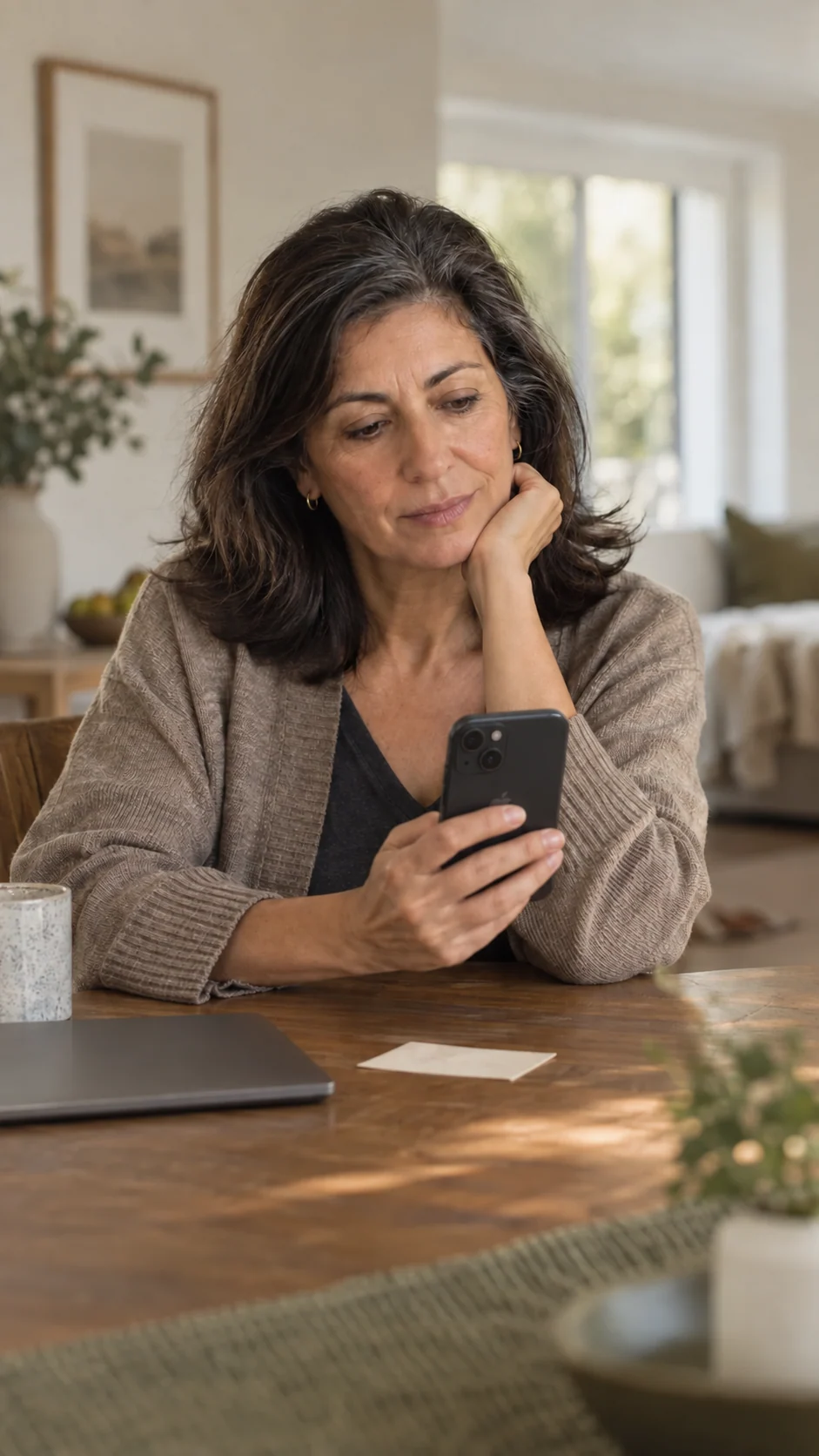 Illustrative scene of a woman considering her next follow-up on a black iPhone 15 between appointments.