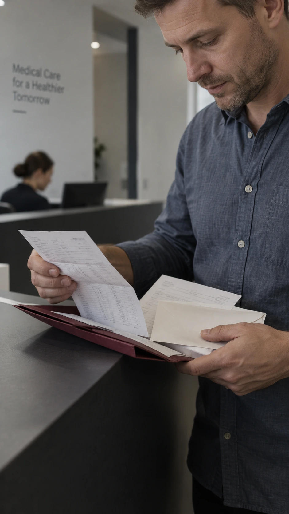 Illustrative scene of a man reviewing health records from a burgundy folder at a clinic reception.