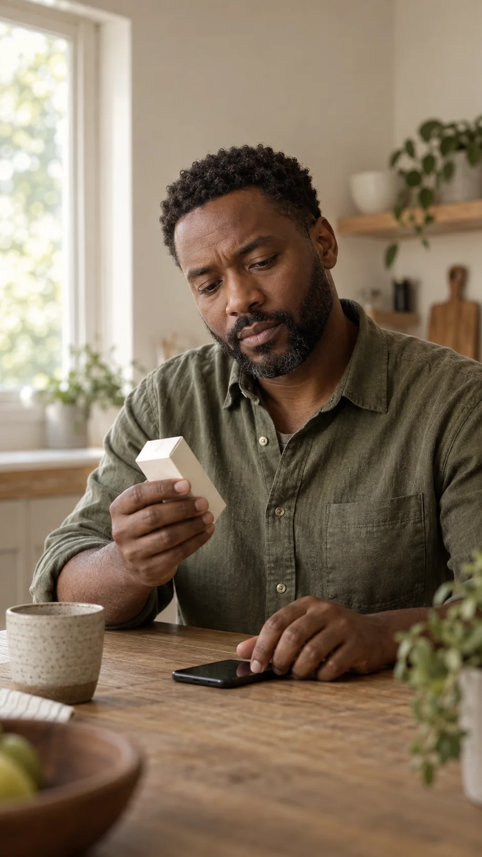 Illustrative scene of a Black man carefully checking an unbranded medicine carton at home.