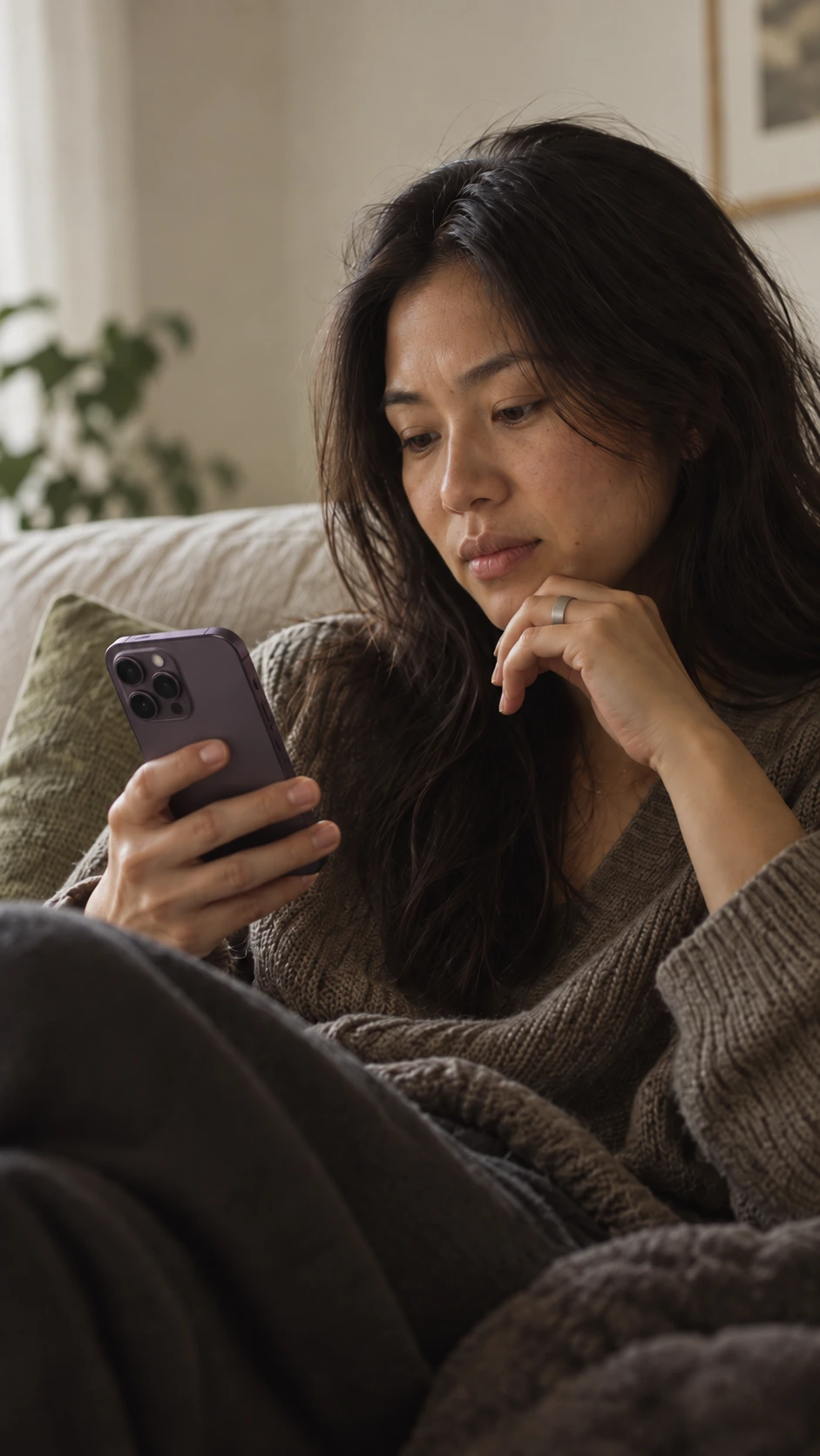 Illustrative scene of a woman thoughtfully reading on her phone by a softly lit window.