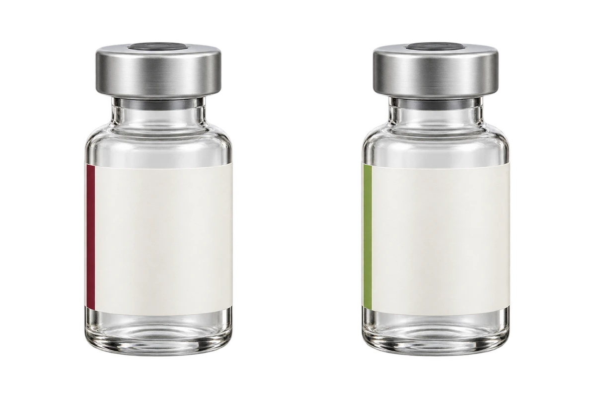 Two conceptual frosted glass medication vials with silver caps, shown on a transparent background