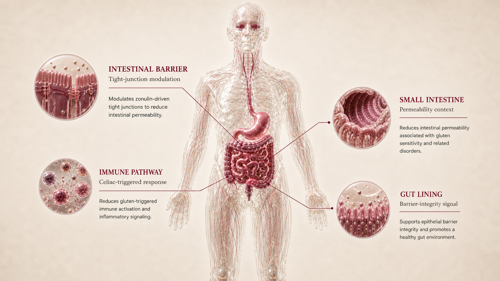 Larazotide concept canvas showing metabolic effect panels