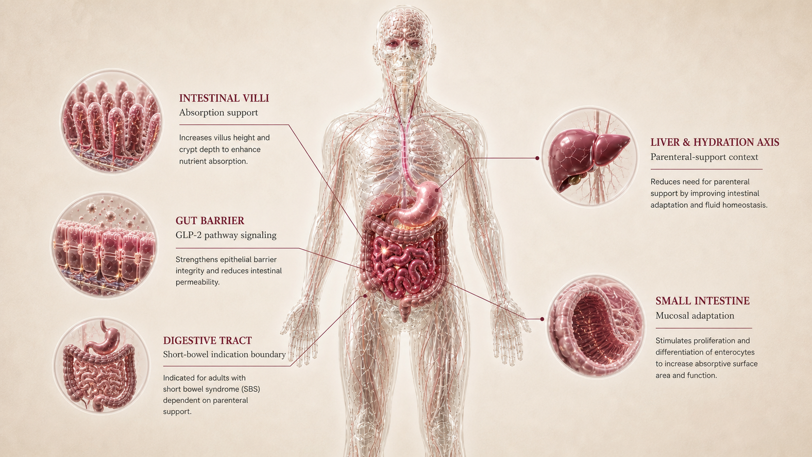 Teduglutide concept canvas showing metabolic effect panels
