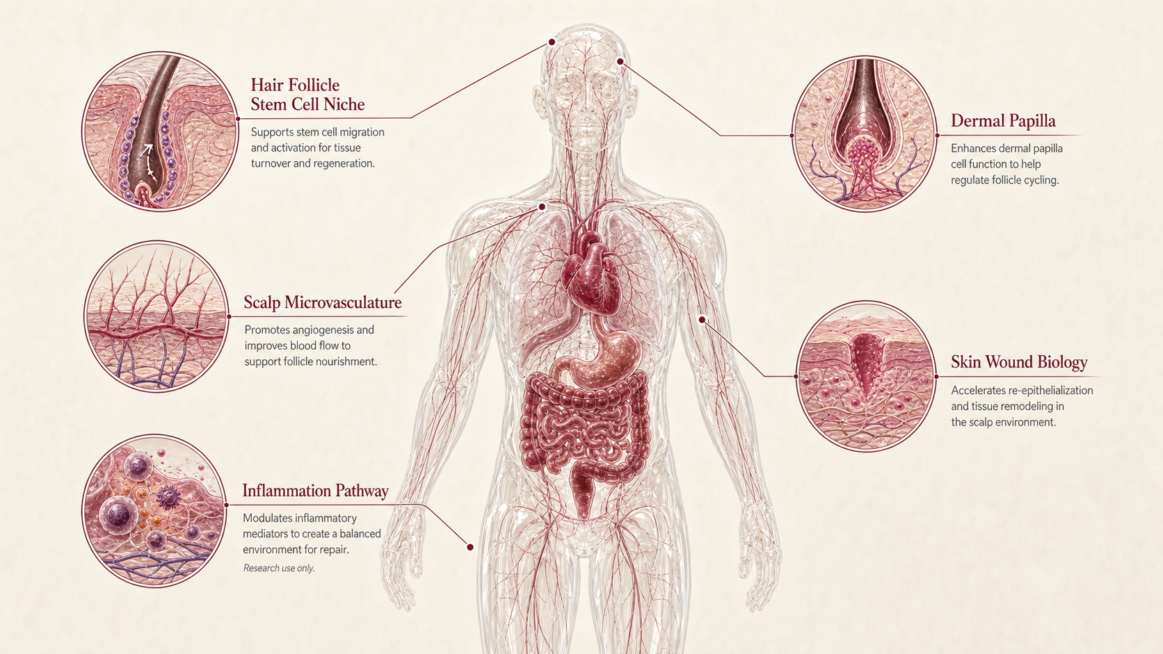 Thymosin beta-4 / TB-500 concept canvas showing metabolic effect panels