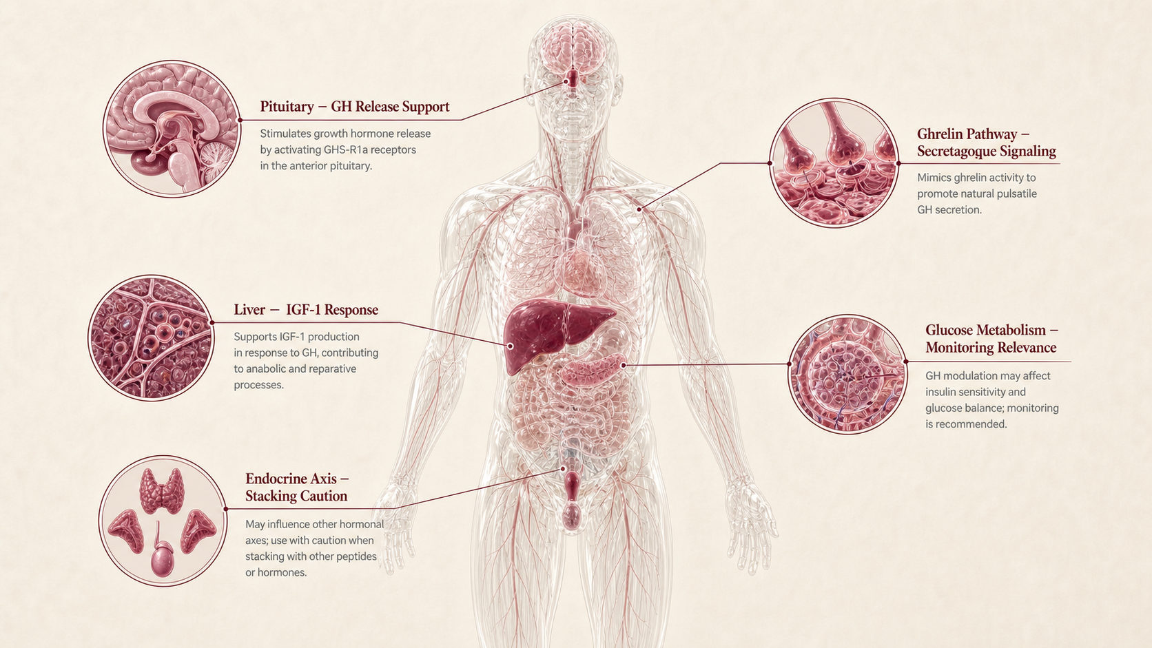 Ipamorelin concept canvas showing metabolic effect panels