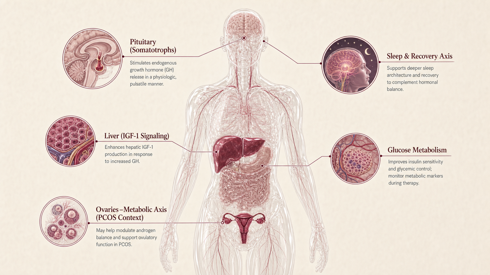 Sermorelin concept canvas showing metabolic effect panels
