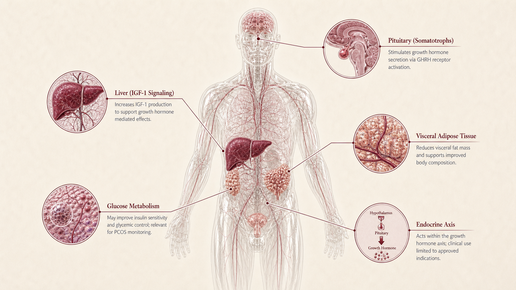 Tesamorelin concept canvas showing metabolic effect panels