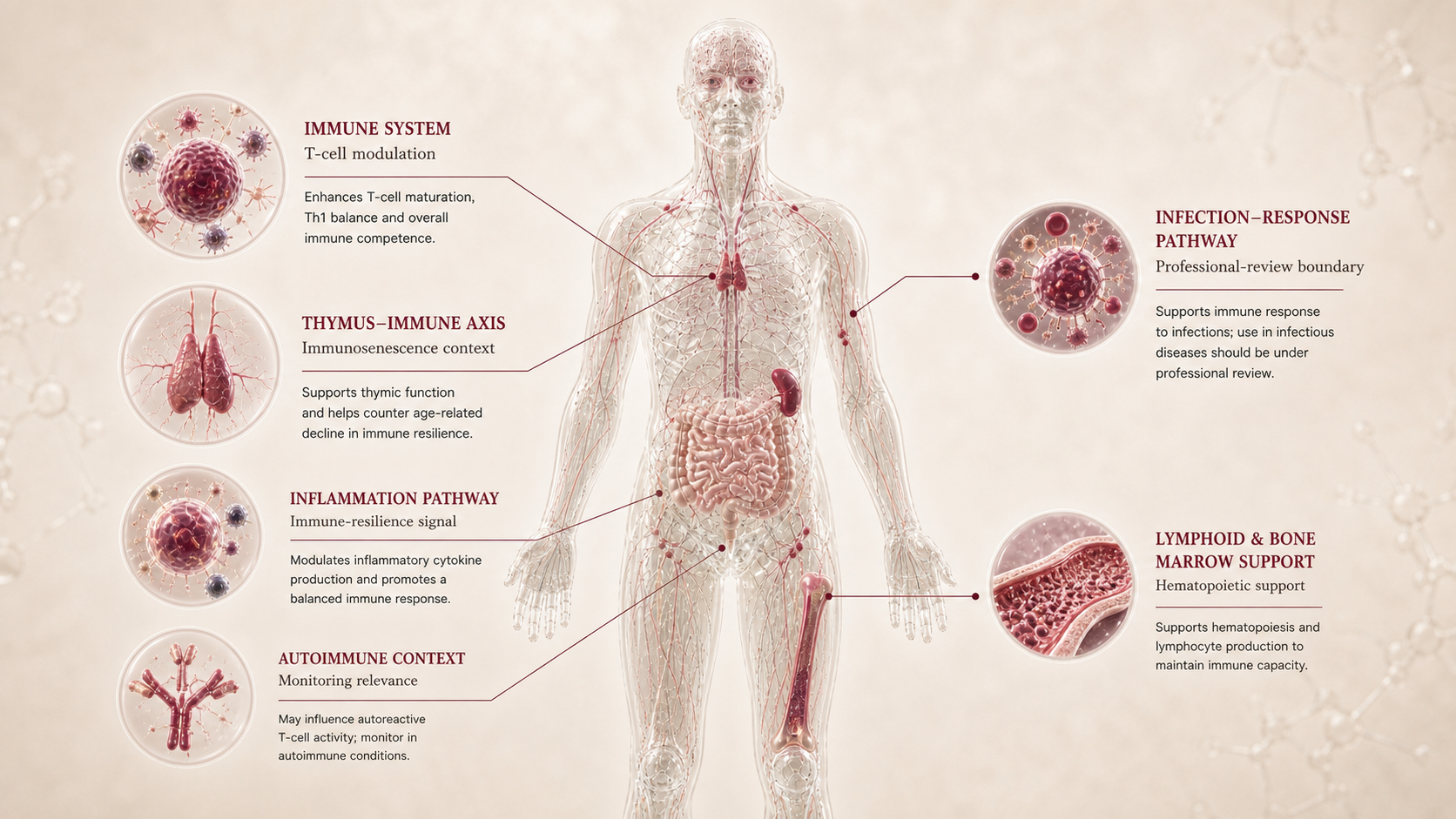 Thymosin Alpha-1 concept canvas showing metabolic effect panels