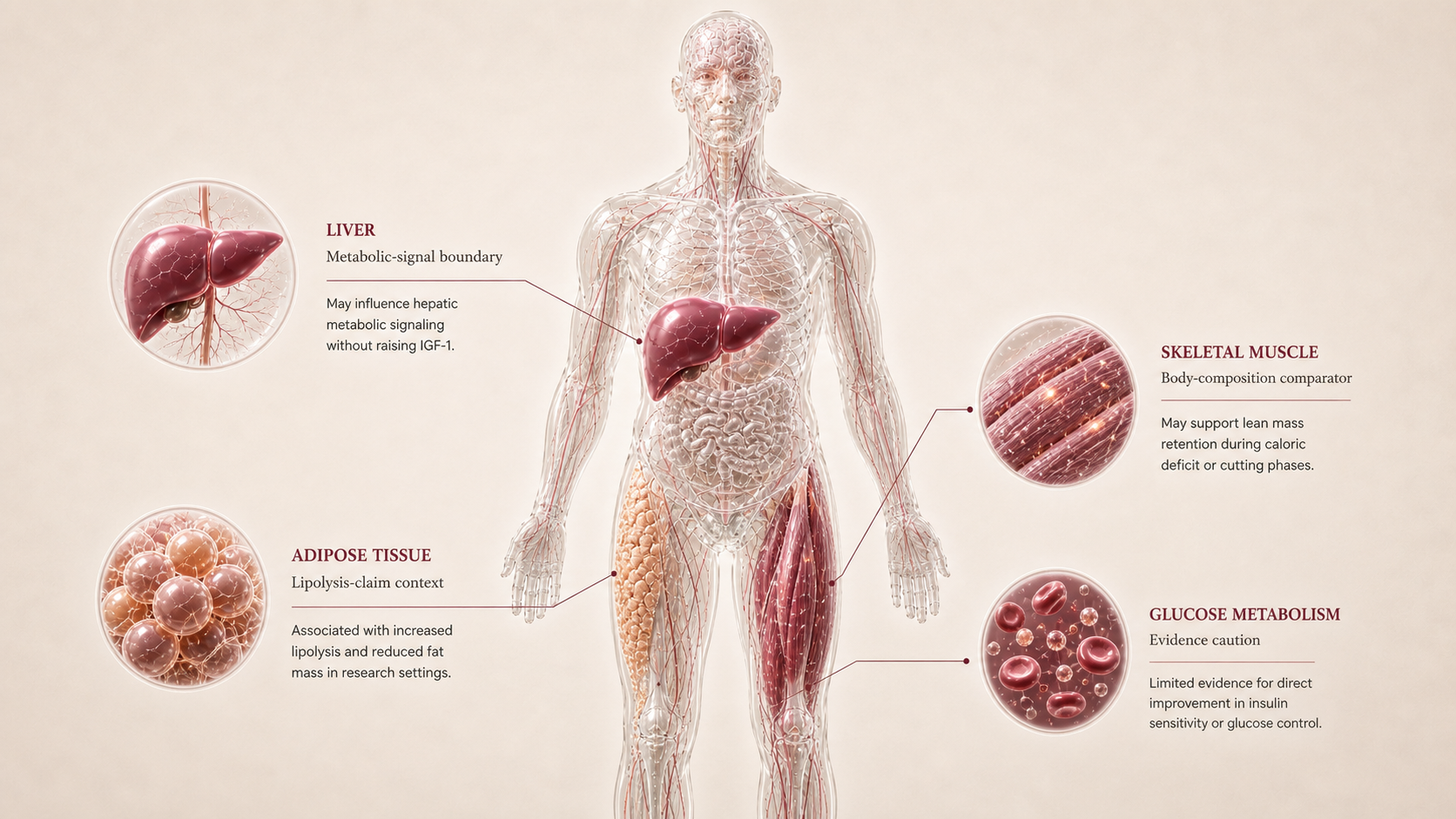HGH Fragment 176-191 concept canvas showing metabolic effect panels