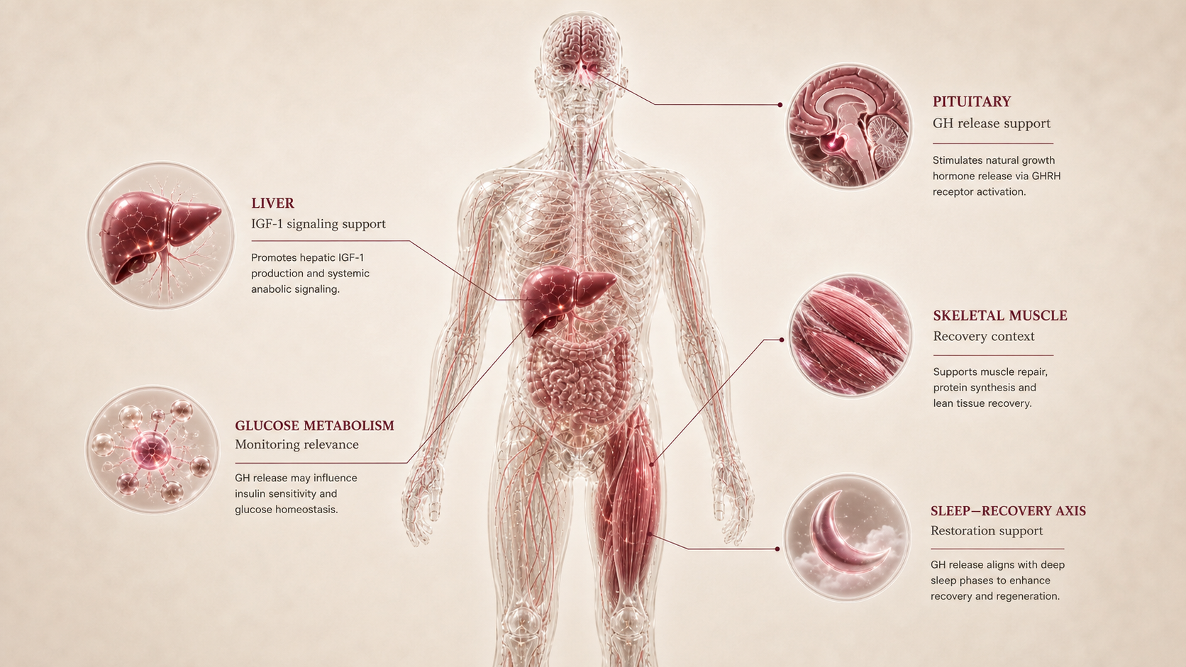 Ipamorelin concept canvas showing metabolic effect panels