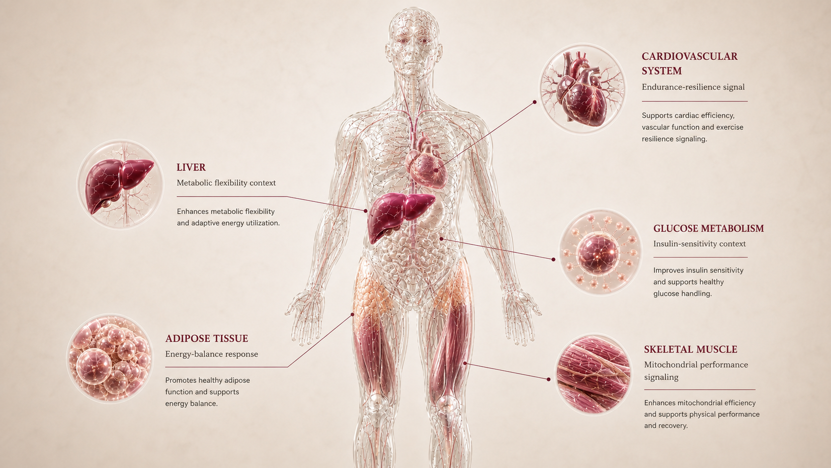 MOTS-c concept canvas showing metabolic effect panels
