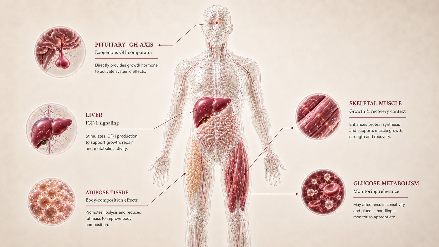 hGH / Somatropin concept canvas showing metabolic effect panels