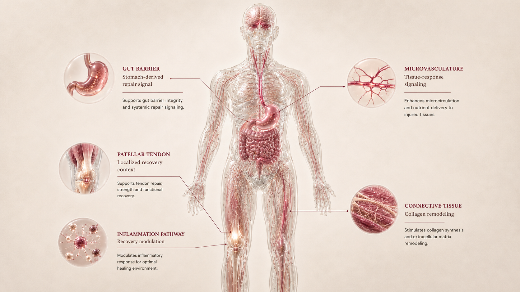 BPC-157 concept canvas showing metabolic effect panels