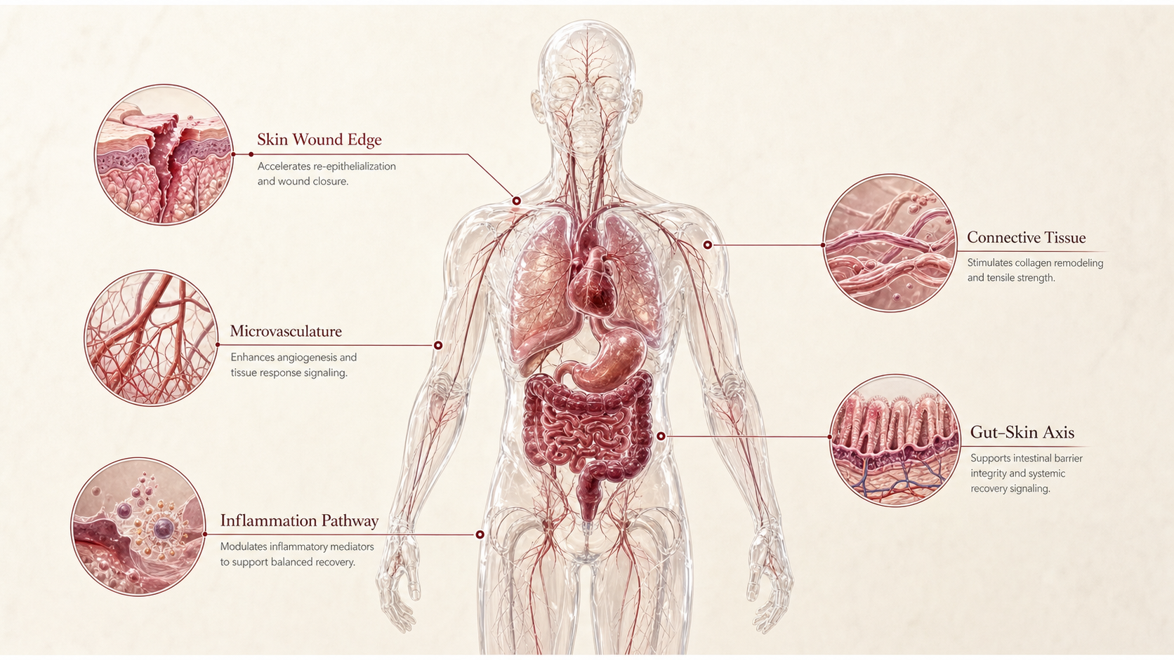 BPC-157 concept canvas showing metabolic effect panels